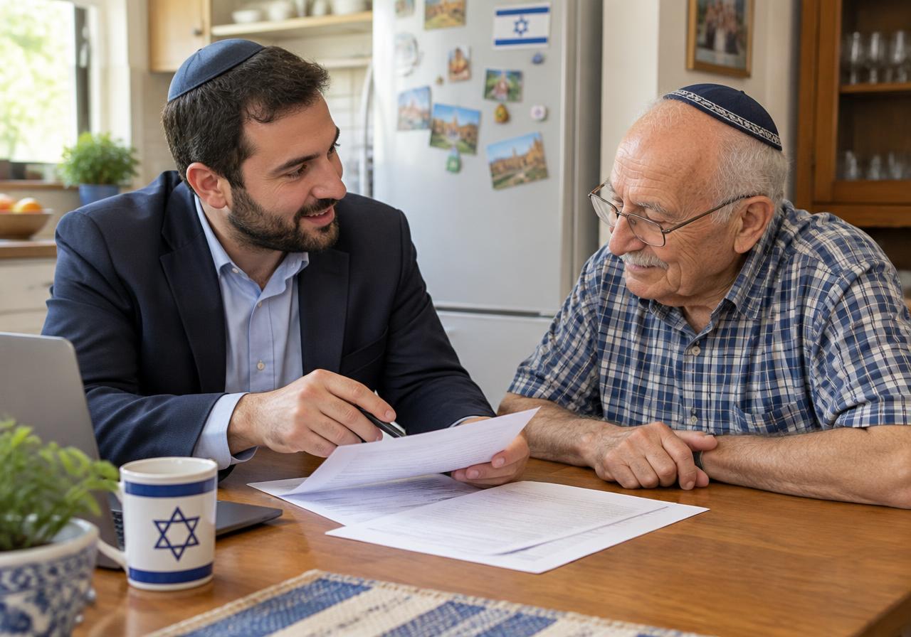 יועץ מסביר מסמכים לאדם מבוגר ליד שולחן המטבח