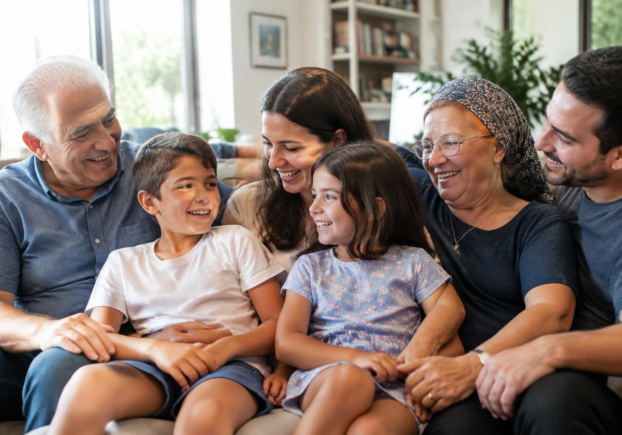 משפחה רב־דורית מחייכת יחד בסלון
